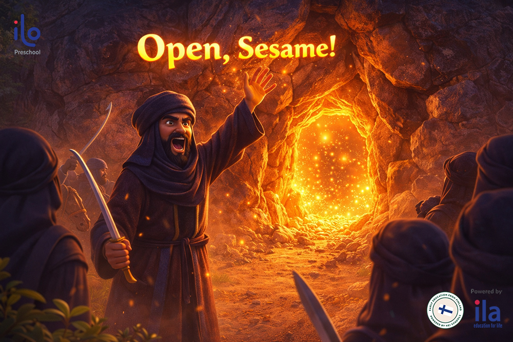 Tên thủ lĩnh giơ tay lên, kêu to: Vừng ơi, mở ra!