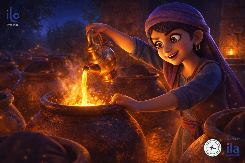 cô hầu gái Morgiana đã dùng dầu nóng đổ vào từng thùng có chứa bọn cướp.