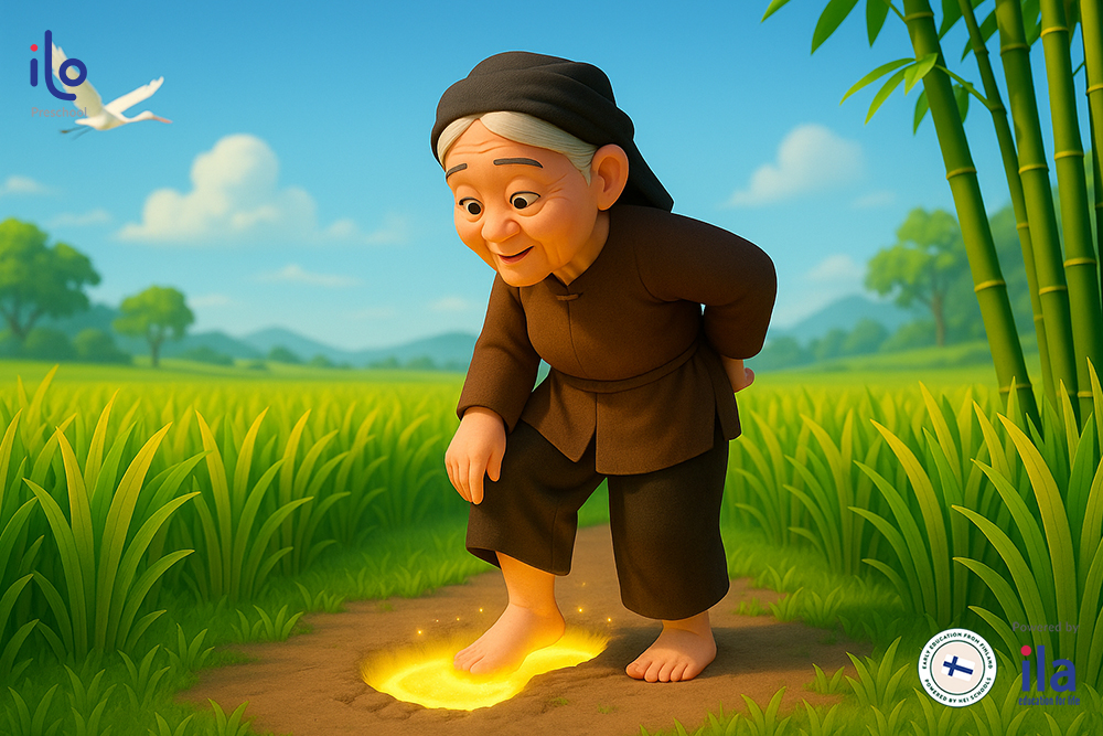 bà lão ướm chân vào dấu chân 