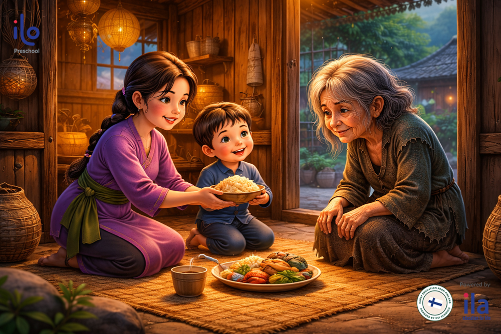 Chỉ có hai mẹ con bà góa nghèo dang tay giúp bà lão ăn uống, nghỉ ngơi.