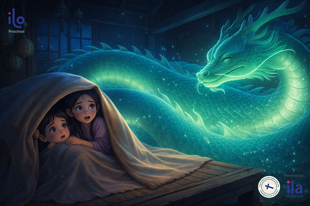 Đêm xuống, bà lão hóa thành giao long phát sáng, khiến hai mẹ con vừa sợ vừa kinh ngạc.