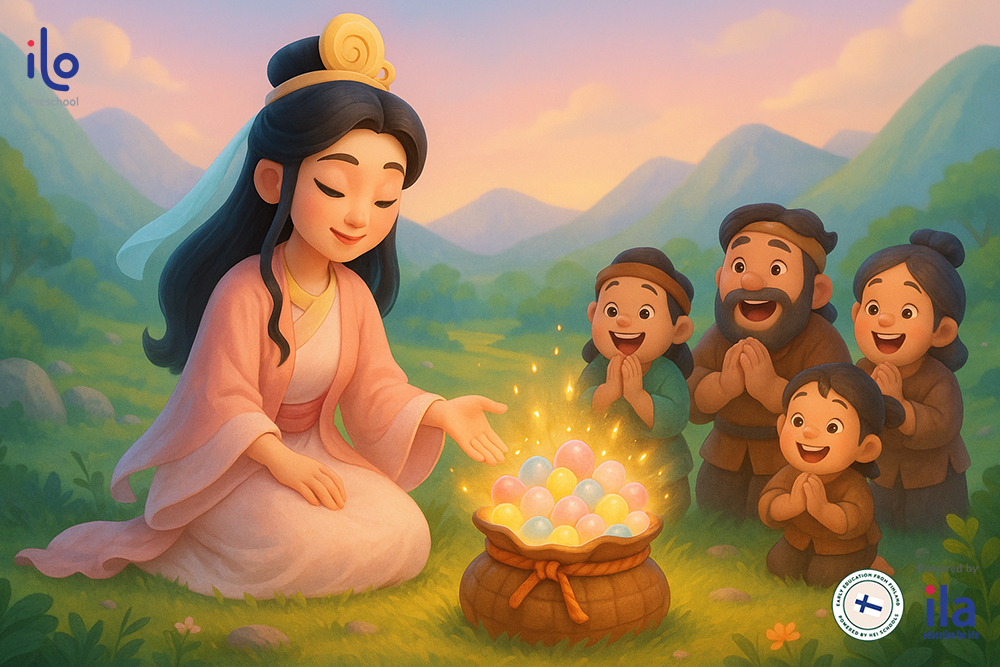 Lạc Long Quân và Âu Cơ lấy nhau, sinh ra bọc có 100 quả trứng.