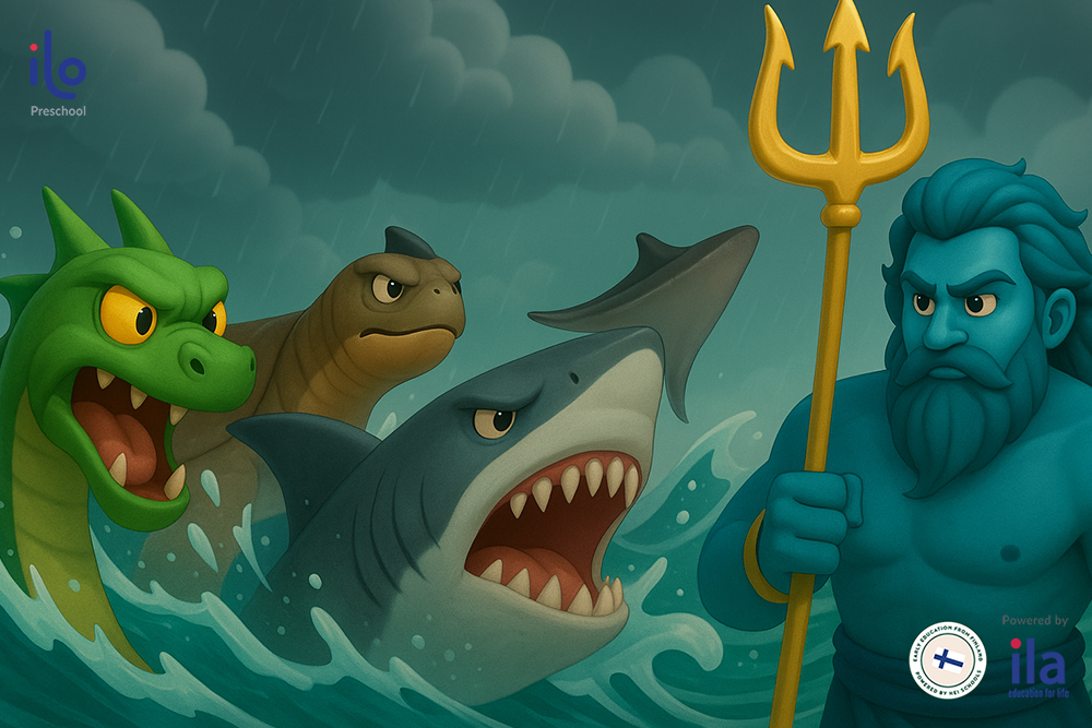 Thủy Tinh liền hô mưa, gọi gió, dâng nước lên để đánh Sơn Tinh.